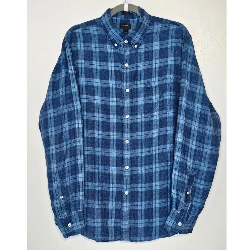 J.Crew Slim Baird McNutt Irish 100% Linen Long Sleeve Button Up Shirt L Plaid